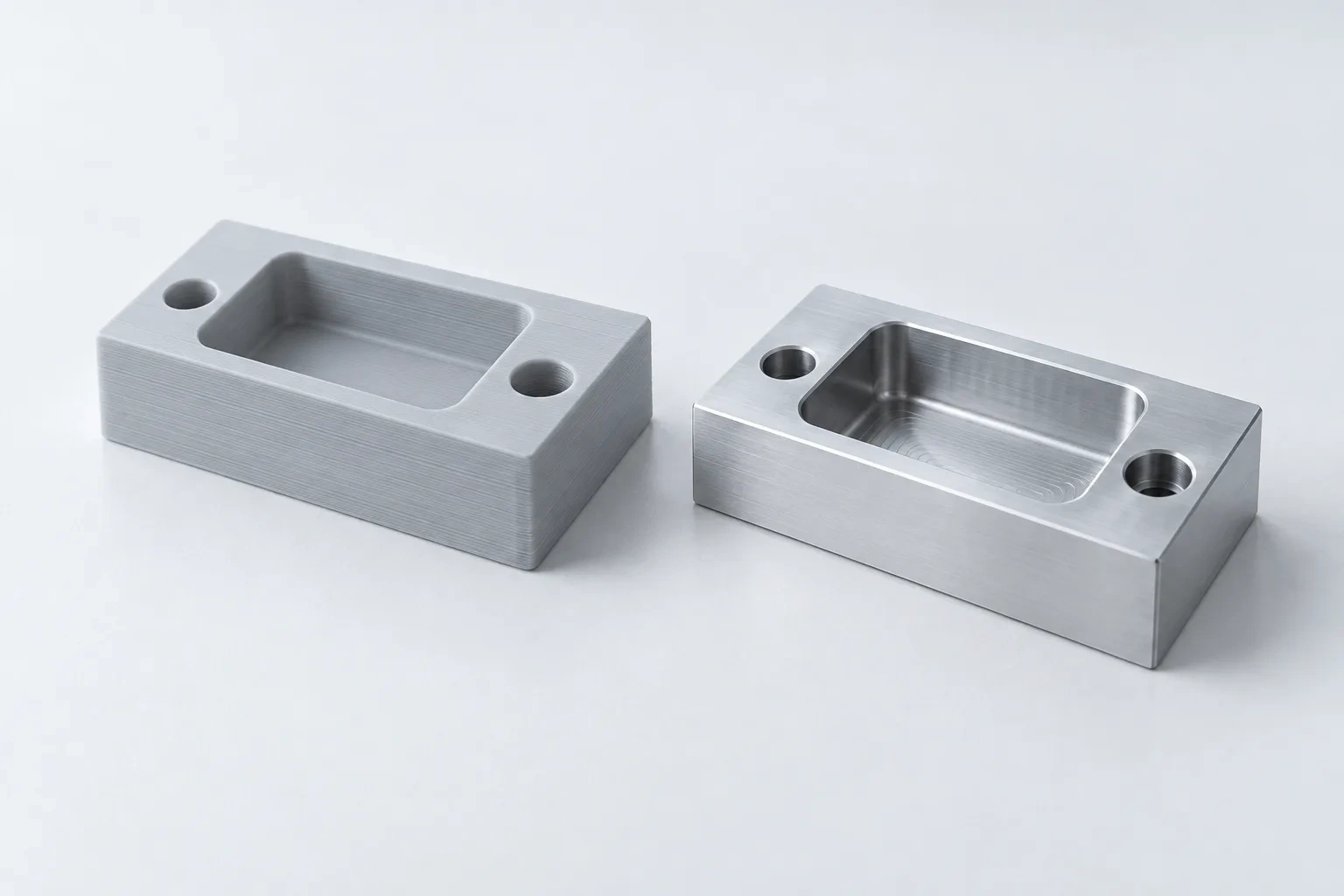A pale grey printed prototype sits beside its machined aluminium counterpart.