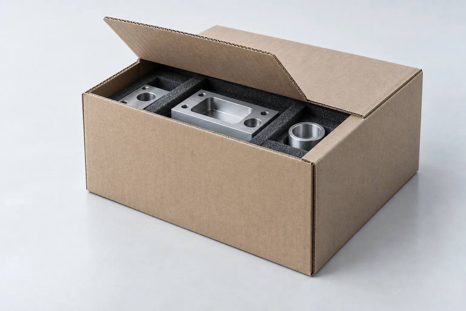 One raised box flap reveals machined parts protected by dark foam separators.