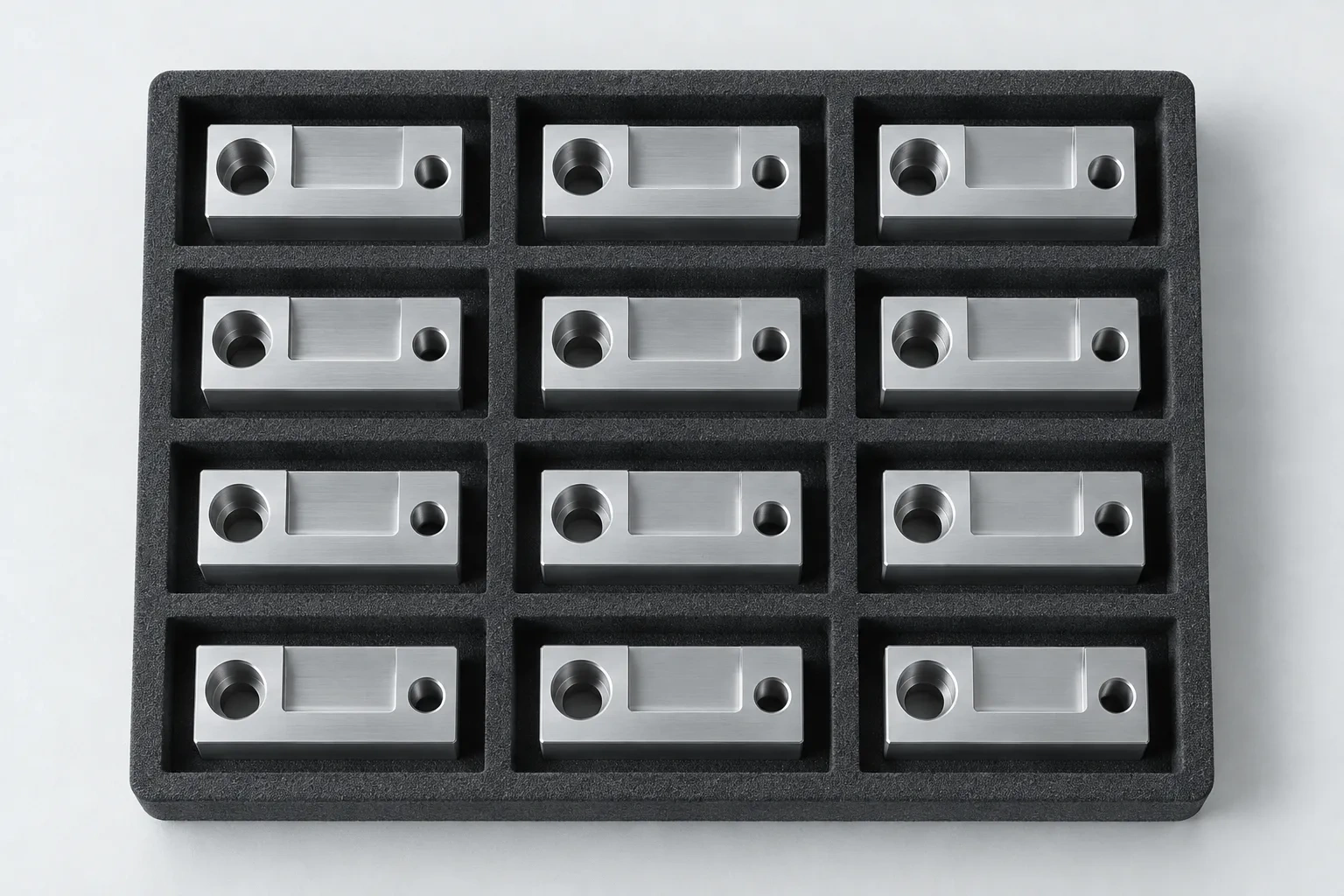 Twelve matching machined parts sit in individual foam compartments viewed from above.