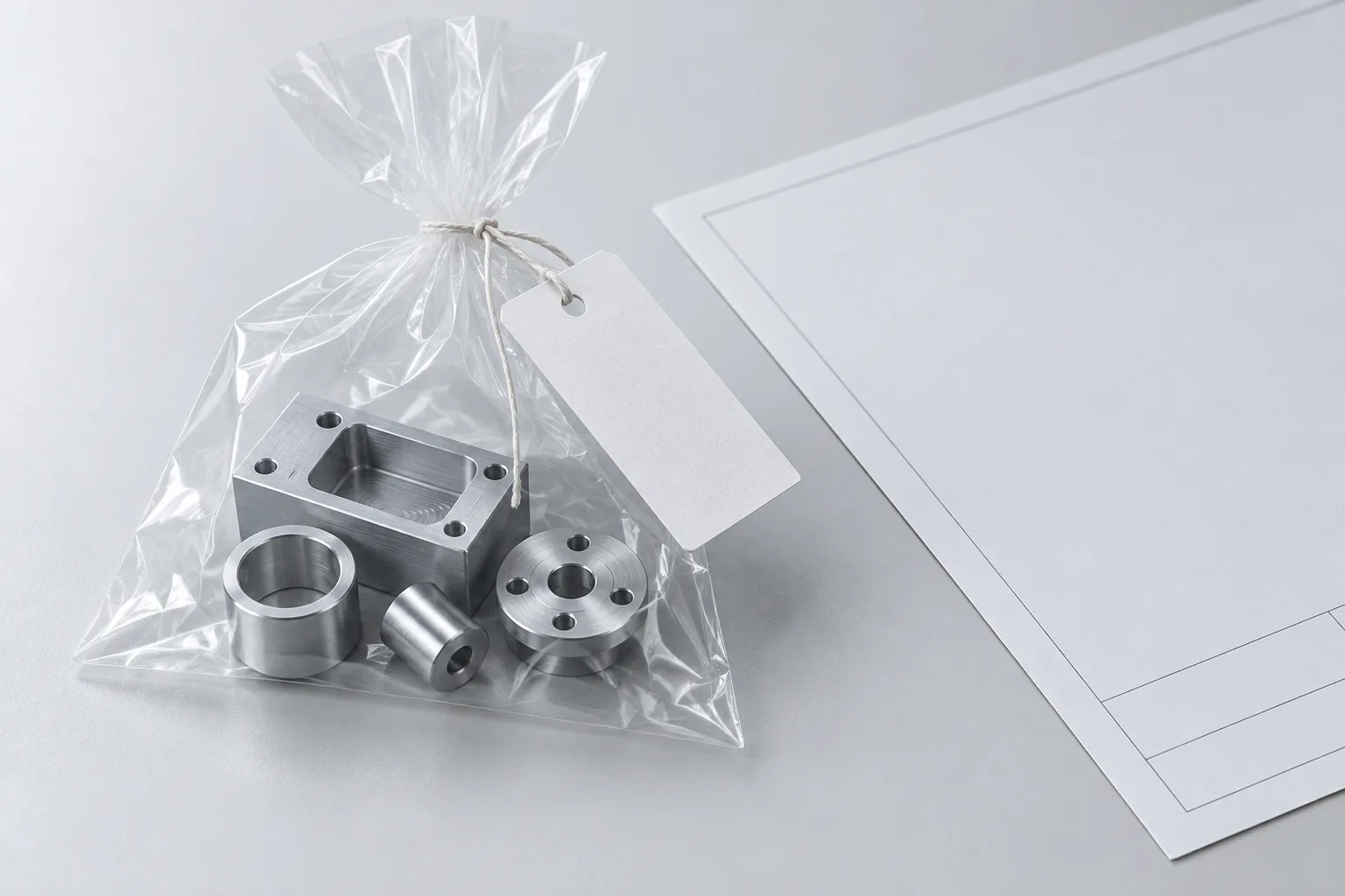 A clear bag of machined parts carries a blank tied tag beside an empty drawing sheet.