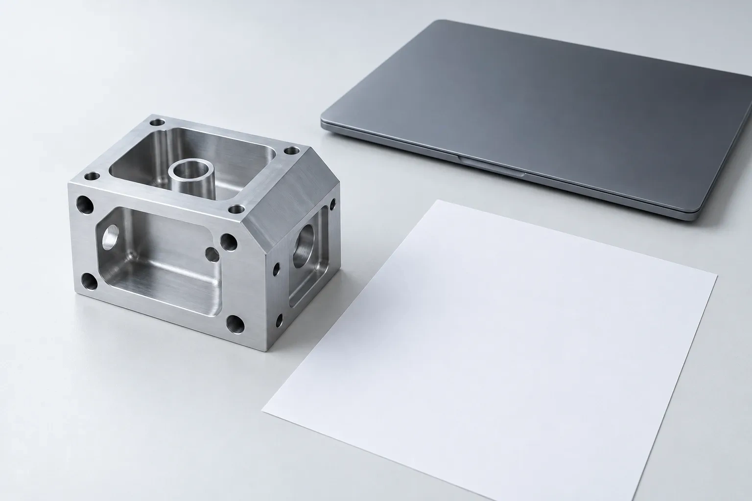 A machined aluminium part sits beside a blank drawing sheet and a closed unmarked laptop.