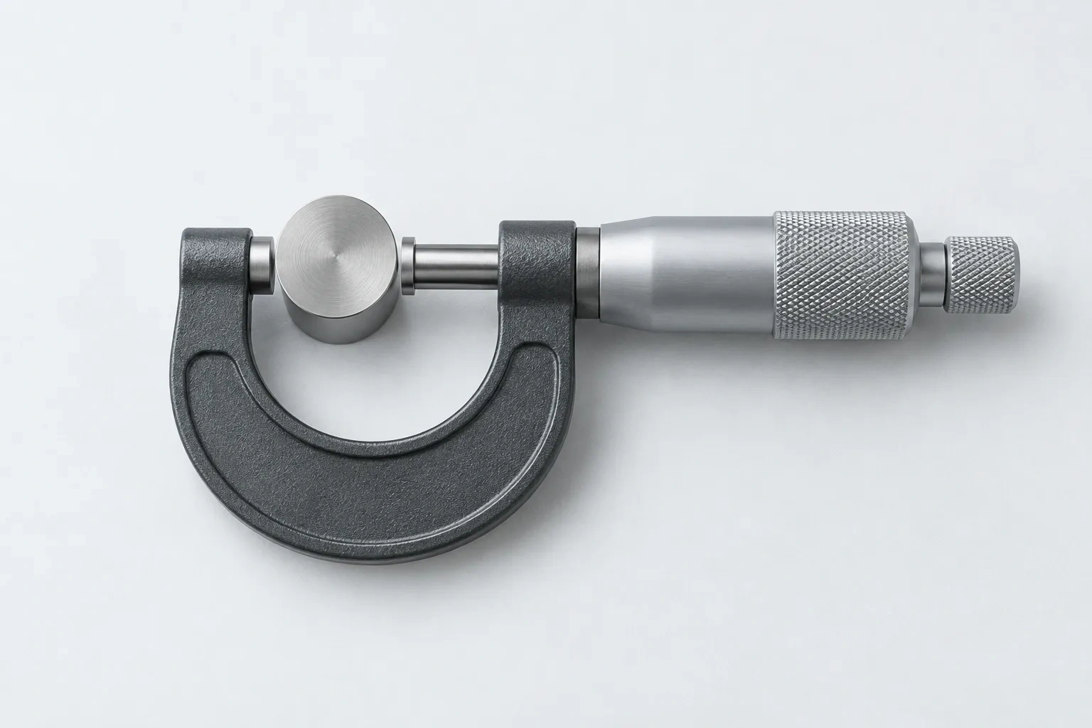An unmarked outside micrometer contacts opposite sides of a solid turned steel pin.