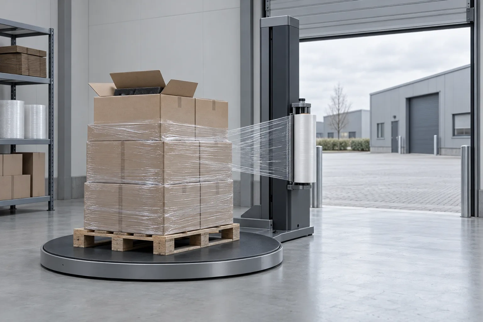 A pallet of plain foam-lined boxes sits on a stretch wrapper near an open loading door.