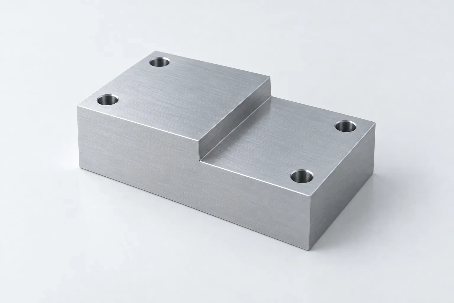 An aluminium fixture block has four dowel holes and a broad milled step.