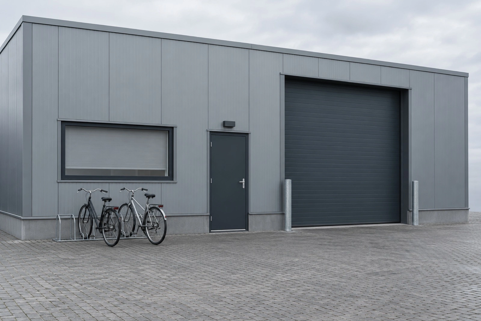 Illustrative low industrial hall with a loading door and cycle racks, De Hurk.