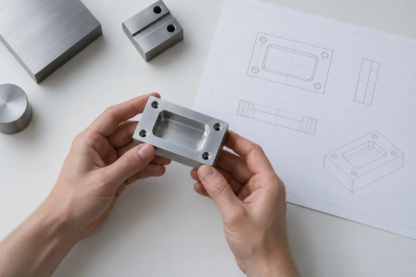 Hands holding a machined block beside a fictional sample drawing.