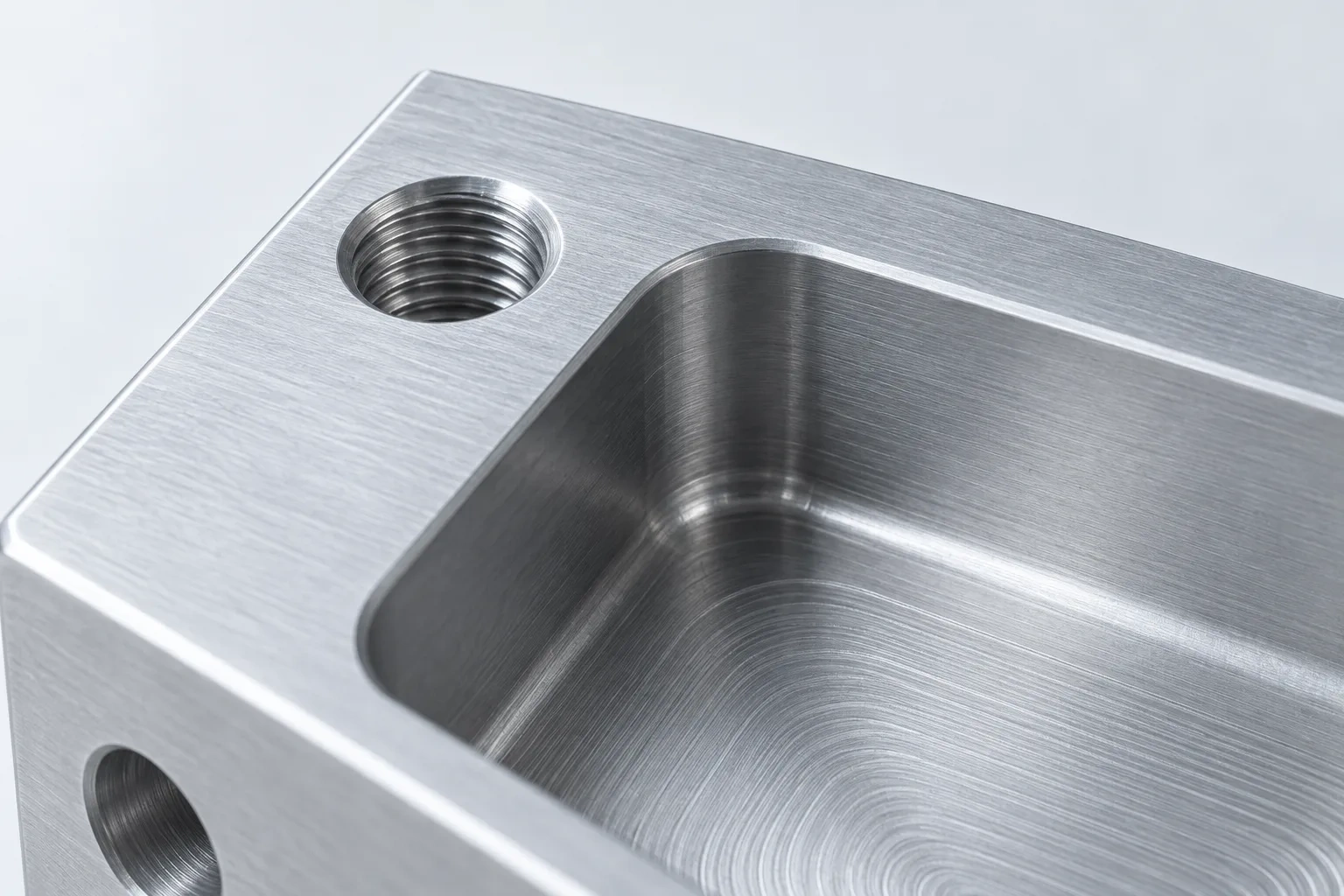 A close view shows a radiused milled pocket and a threaded fixing hole in an aluminium housing.