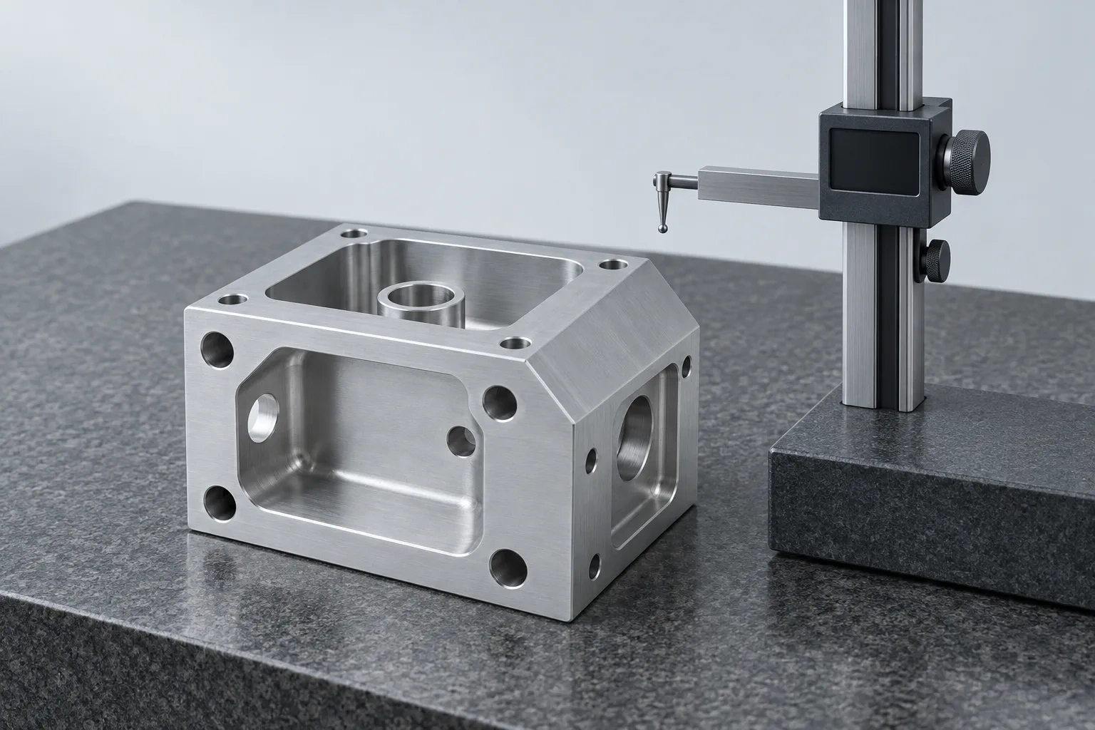 An aluminium housing rests on a granite surface plate beside an unmarked height gauge.