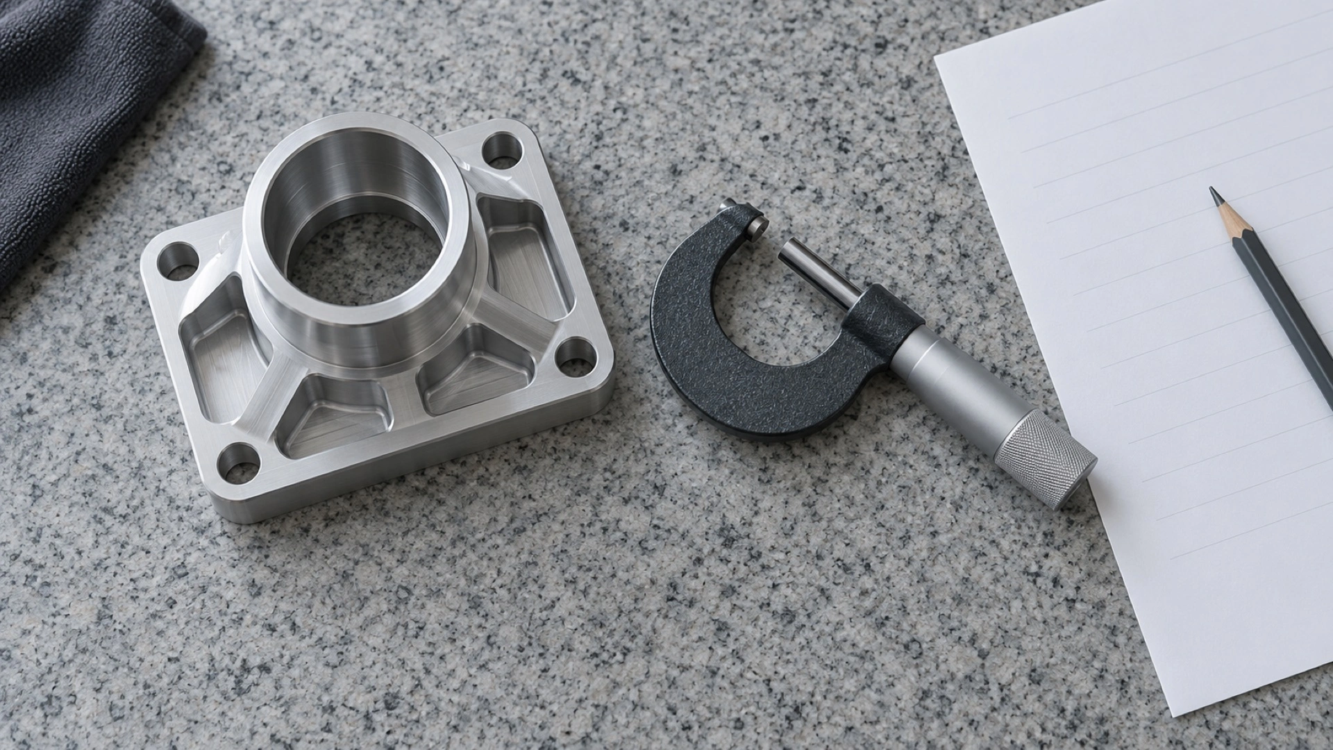 Illustrative inspection bench with a machined part and a micrometer.