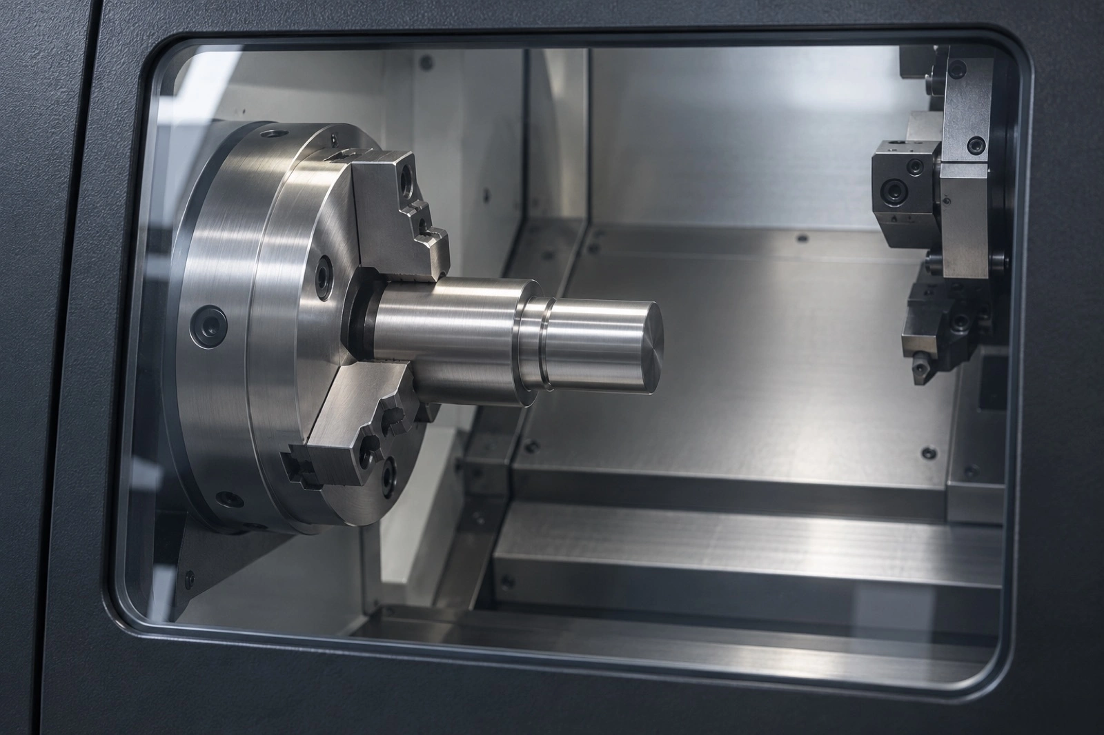 Illustrative stainless shaft held in a lathe chuck behind a closed guard.