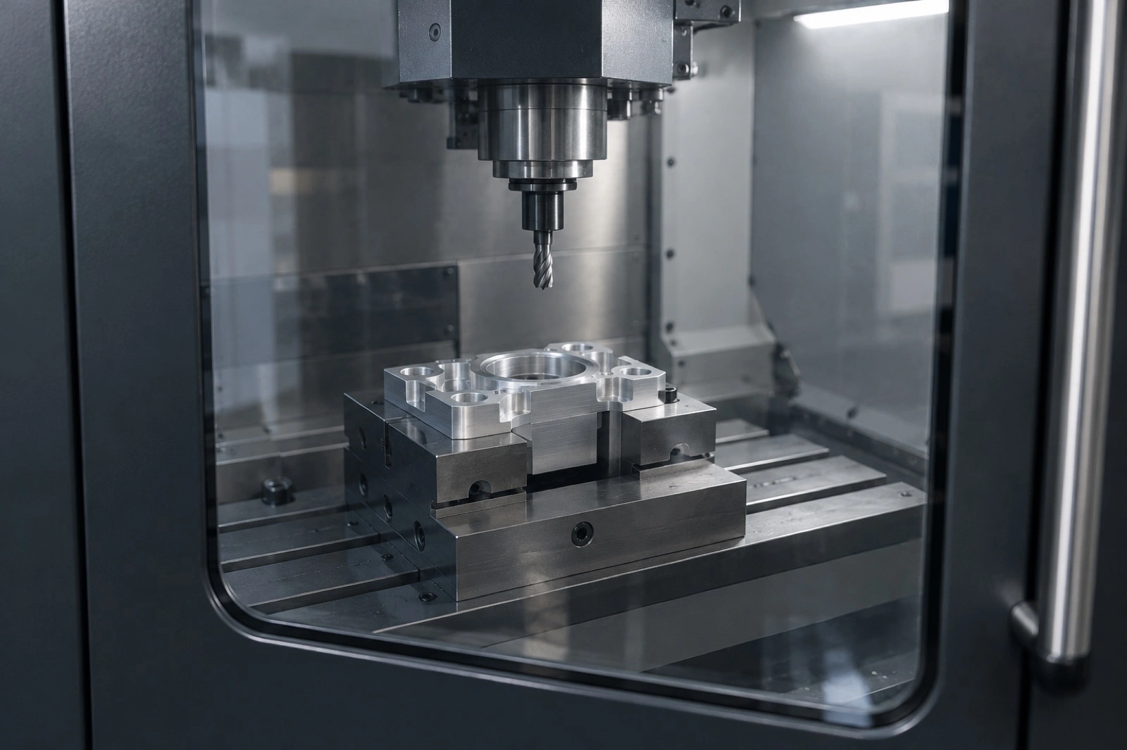 Illustrative part held inside a guarded milling machine.