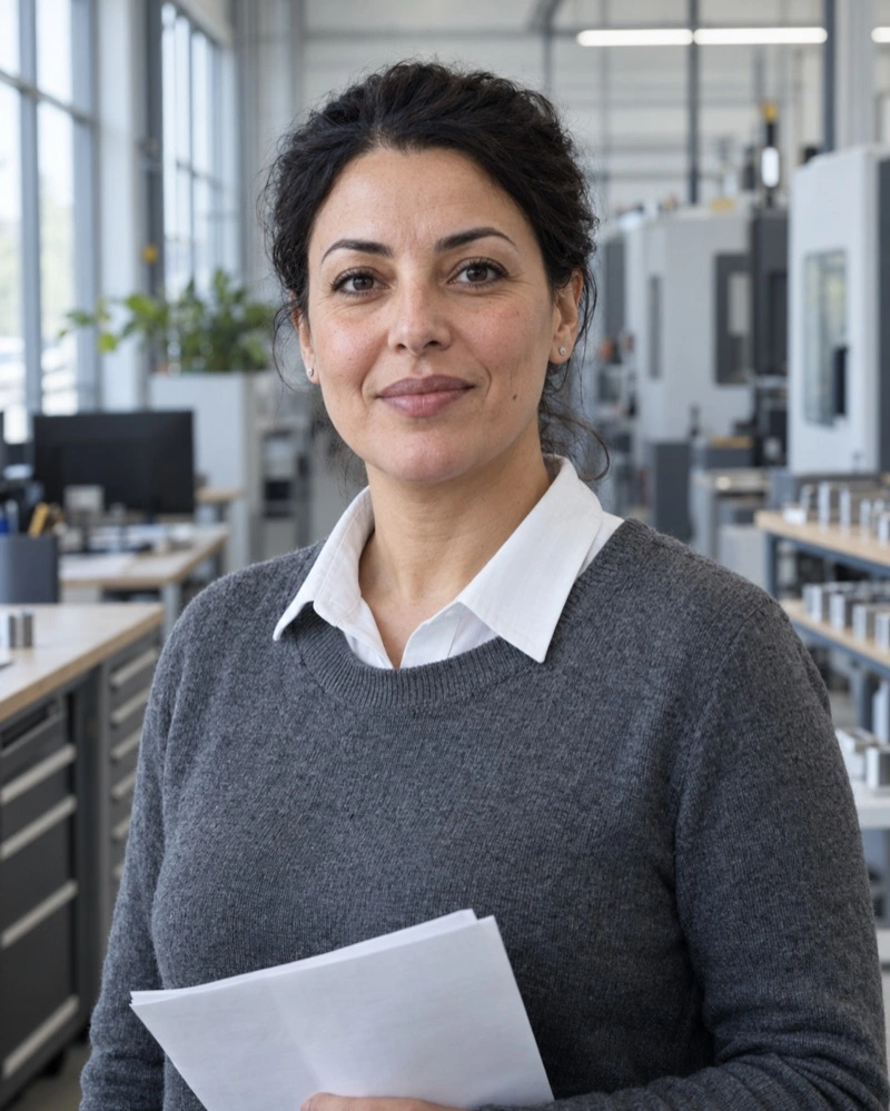 An illustrative portrait of Noor van Dalen, a fictional Keelworks team member.