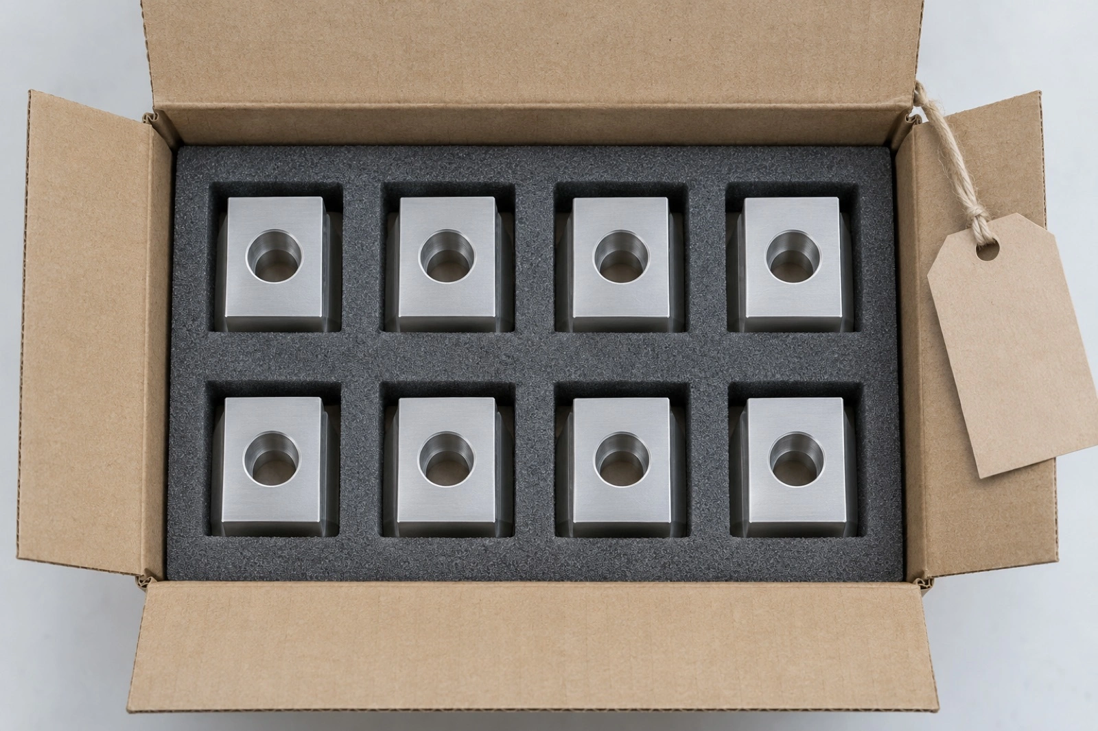 Illustrative machined parts separated in foam for packing.
