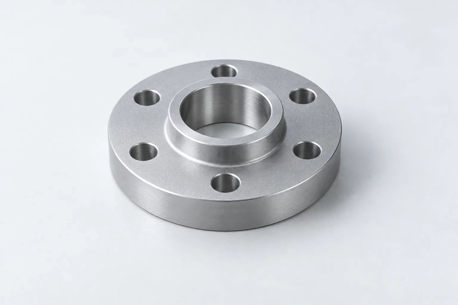 A bead-textured stainless flange with a central bore and six drilled holes rests on porcelain.