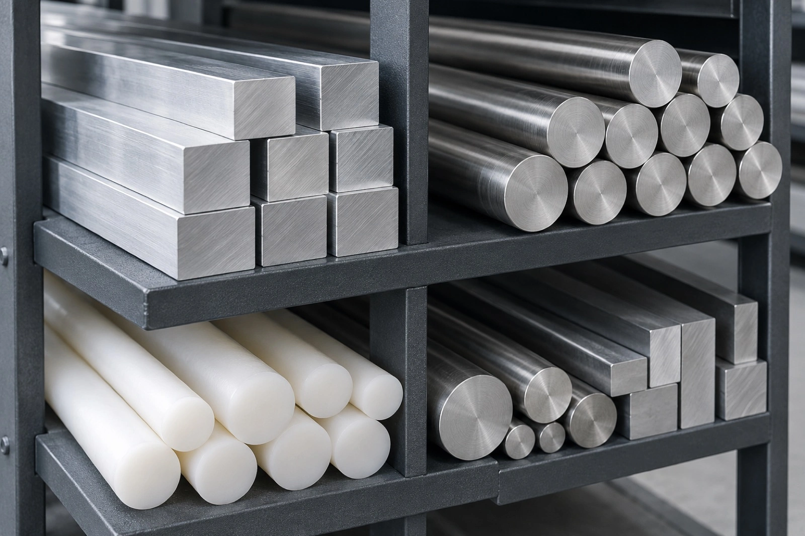 Illustrative rack of aluminium, stainless and plastic stock.