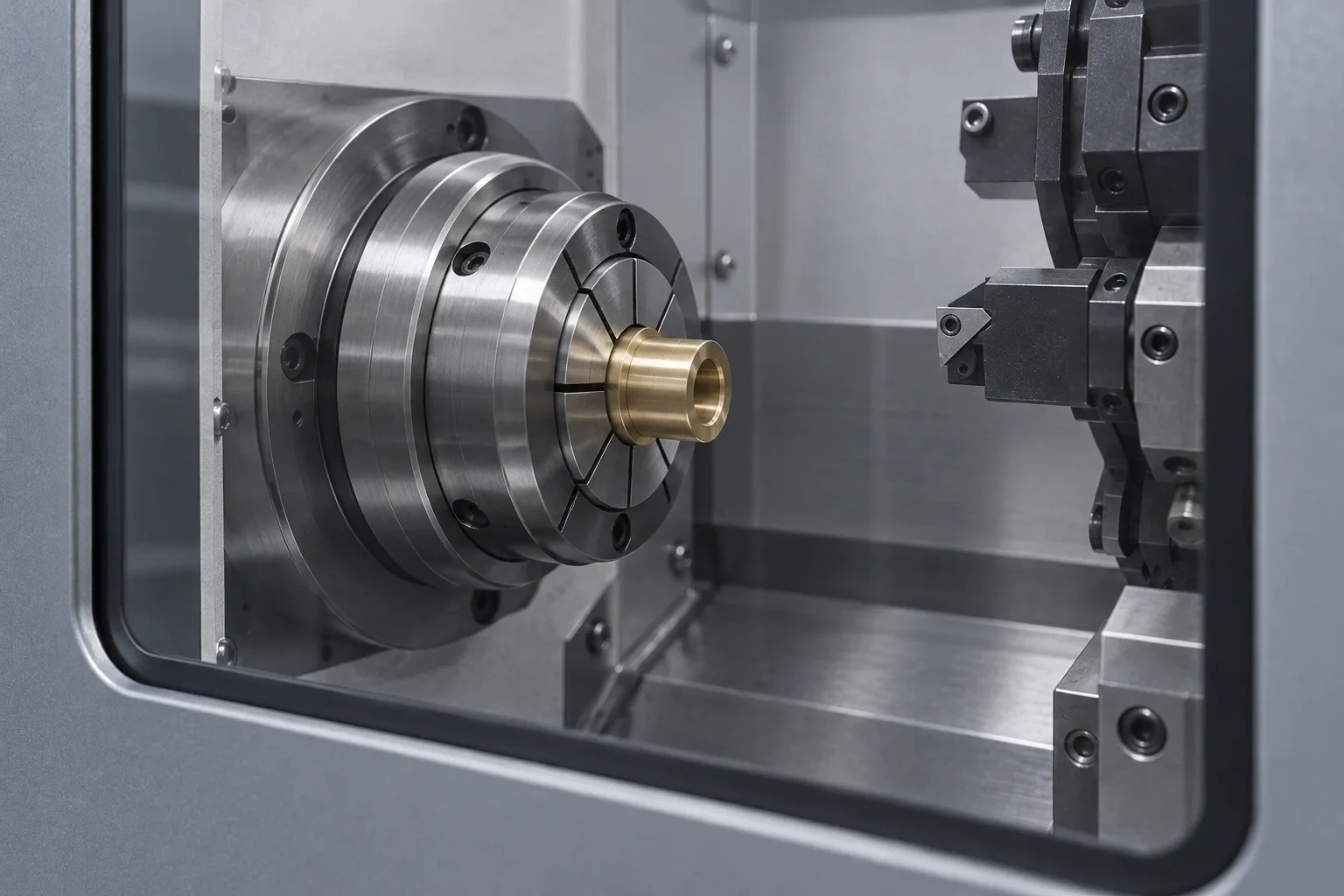 A collet chuck holds a short brass part behind the closed guard window of a CNC lathe.