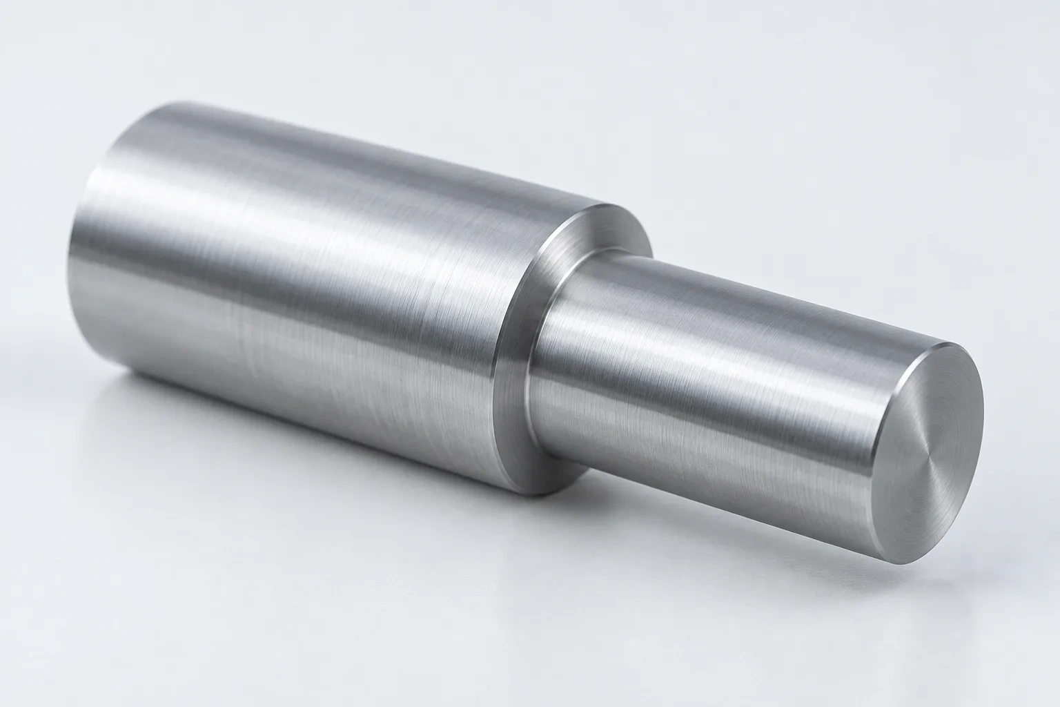 A turned stainless shaft rests on porcelain with its fine surface finish and stepped shoulder visible.